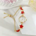 Women's quartz watch featuring a stylish gold-tone pull bracelet with red star and moon charms. - Drawstring Style (2026310) / Gold Red