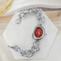 Montre quartz femme chaîne irrégulière cadran strass rouge mode luxe bracelet détail - Argent Rouge