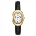 Primo piano di orologio da donna con cassa ovale dorata, cinturino in pelle nera e quadrante bianco. - Cassa Oro Quadrante Bianco Cinturino Nero