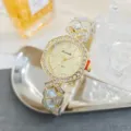 Reloj de cuarzo para mujer con estrás lujo metal dorado elegante pulsera fiesta diario - Dorado