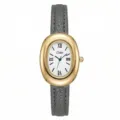 Primo piano orologio quarzo donna, cassa ovale dorata, quadrante bianco, numeri romani. - Cassa Oro Quadrante Bianco Cinturino Grigio