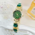 Grüne Edelstein Quarzuhr für Damen Luxus elegante goldfarbene Armbanduhr Schmuck - Grün