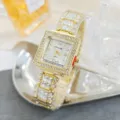 Reloj de cuarzo cuadrado de lujo con diamantes de imitación para mujer, reloj dorado elegante. - Dorado Blanco
