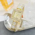 Reloj de cuarzo con pedrería cuadrada dorada para mujer, elegante reloj de lujo. - Dorado