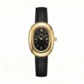 Elegante orologio da donna al quarzo ovale con cinturino in pelle nera e cassa oro. - Cassa Oro Quadrante Nero Cinturino Nero