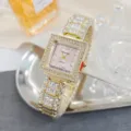 Reloj de cuarzo para mujer de lujo cuadrado con pedrería brillante y elegante correa dorada. - Dorado Rosa