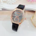 Exquisite rhinestone bezel watch detail, grey dial with rose gold case and black leather strap. - Black