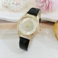 Elegante dames quartz horloge met zwarte lederen band en glinsterende strass wijzerplaat - Zwart