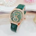 Green dial rhinestone leather watch detail, elegant women fashion quartz timepiece close up. - Green