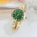 Elegante gouden dames quartz horloge met groene wijzerplaat en schitterende diamantarmband. - Goud en Groen