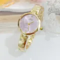 Elegante goudkleurige dames quartz horloge met roze wijzerplaat en fonkelende strass steentjes. - Goud Paars