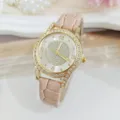 Kristal Strass Dames Quartz Horloge Roze Lederen Band Sterrenhemel Wijzerplaat Elegant - Beige
