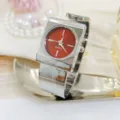 Stainless steel cuff watch with red square dial and sleek modern design for women. - Silver Red