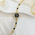 Elegante goldene Strass Armbanduhr für Damen mit schwarzen Steinen und edlem Luxus Zifferblatt. - Schwarz
