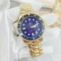 Gold stainless steel quartz watch for men with blue dial and date display function. - Gold and Blue