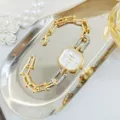 Montre quartz carrée élégante pour femme, bracelet à maillons strass, style mode luxueux. - Blanc Or