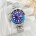Men's stainless steel quartz watch with calendar display and classic bezel design. - Silver Blue