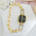 Elegant women's quartz watch with black square dial and chic gold chain strap design. - Gold Black