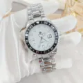 Men stainless steel quartz watch featuring white dial, calendar and GMT bezel for daily wear. - Silver White
