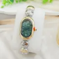 Retro ovale grüne Zifferblatt Quarzurhr mit stilvollem Perlenkettenarmband für elegante Damen. - Zweifarbig Gold Grünes Zifferblatt