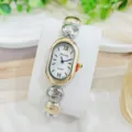 Elegante Damen Retro Quarzuhr mit ovalem Zifferblatt und elegantem Metallarmband. - Gold-Silber Weiß