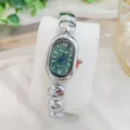 Vintage grunes Zifferblatt ovale Quarz Damenwatch mit stilvollem Metall Bohnenketten Armband. - Silber Grün