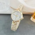 Gold-tone stainless steel strap women quartz watch with white Roman numeral dial detail. - Gold White