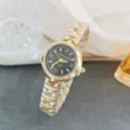 Elegant women quartz watch with gold steel strap, black dial and classic roman numerals. - Gold Black