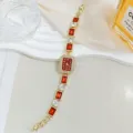 Lujo Mujer Rojo Cristal Cuarzo Reloj Elegante Oro Pulsera Moda Estilo Bonito Chic - Rojo