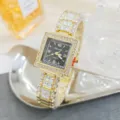 Reloj de cuarzo con pedrería cuadrada de oro de lujo para mujer, elegante reloj de pulsera brillante. - Dorado Negro