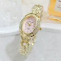 Vintage oval rhinestone quartz watch with gold chain bracelet, elegant luxury women timepiece. - Gold Pink