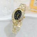Luxury vintage style diamond-encrusted women's quartz watch with elegant bracelet strap. - Gold Black