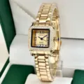 Montre quartz femme carrée de luxe avec lunette en strass et bracelet en métal doré. - Or