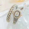Montre quartz pour femme élégante avec bracelet tressé serpent et cadran ovale en strass. - Or-Argent Blanc