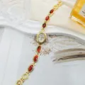 Vintage gold women quartz watch with red gemstone bracelet, retro luxury temperament wristwatch. - Gold Tone with Red Patterned Stone