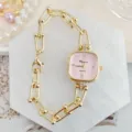 Elegante Damen Quarzuhr mit rosa quadratischem Zifferblatt und goldener Gliederkette. - Gold Rosa (Stil 2)