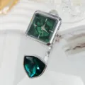 Elegante quadratische Quarzuhr mit grünem Zifferblatt und offenem Kristallarmband Damen. - Silber Grün