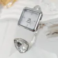 Quadratische Diamant Quarzuhr Damen Luxus offenes Armband elegante silberne Uhr neu - Silber Weiß