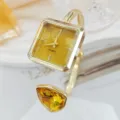 Luxus quadratische Damen Quarz Uhr goldene offene Armspange mit gelbem Kristall Edelstein. - Gold