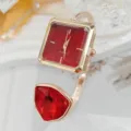 Elegante quadratische Quarzuhr für Damen mit rotem Zifferblatt und offenem Armreif-Design. - Roségold Rot