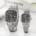 Square quartz couple watch with metal stainless steel strap minimalist design for daily wear. - For Men / Silver Band Black Dial