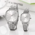 Elegant square steel strap couple quartz watch with calendar, minimalist chic design. - For Men / Silver White Face