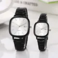 Detail shot of stylish square couple quartz watch with black steel strap and calendar. - Black Case White Dial