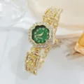 Montre quartz elegante avec fleur en strass et bracelet en metaleur dore mode de luxe femme - Vert