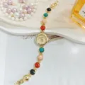 Elegante Damen Quarzuhr mit buntem Edelstein Perlen Armband, modische goldfarbene Damenuhr Schmuck - Mischfarben Edelstein Stil (06)