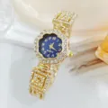 Close-up of luxury women quartz watch, flower blue dial with sparkling rhinestones. - Blue
