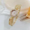 Gold flower rhinestone quartz watch for women luxury elegant sparkling bracelet wrist watch - Purple