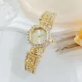 Luxury gold rhinestone floral women quartz watch detail view, elegant shiny crystal wristwatch bracelet - White