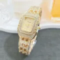 Luxury gold square rhinestone quartz watch detail view, sparkling diamond women wrist watch - Gold