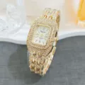 Luxurious gold square rhinestone women quartz watch with diamond bezel and stylish strap. - Gold White